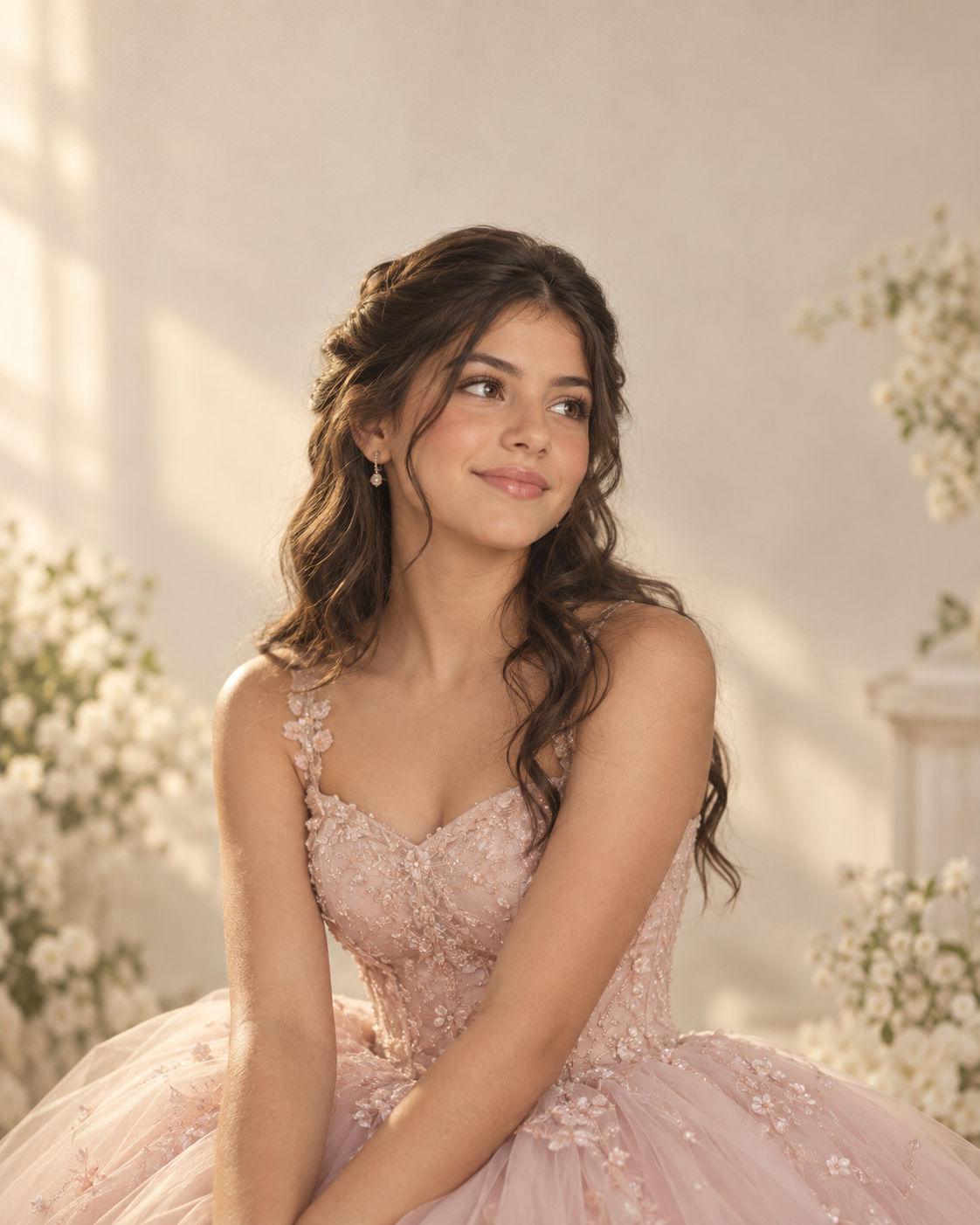 Emilia con vestido rosa bajo una ambientación nocturna